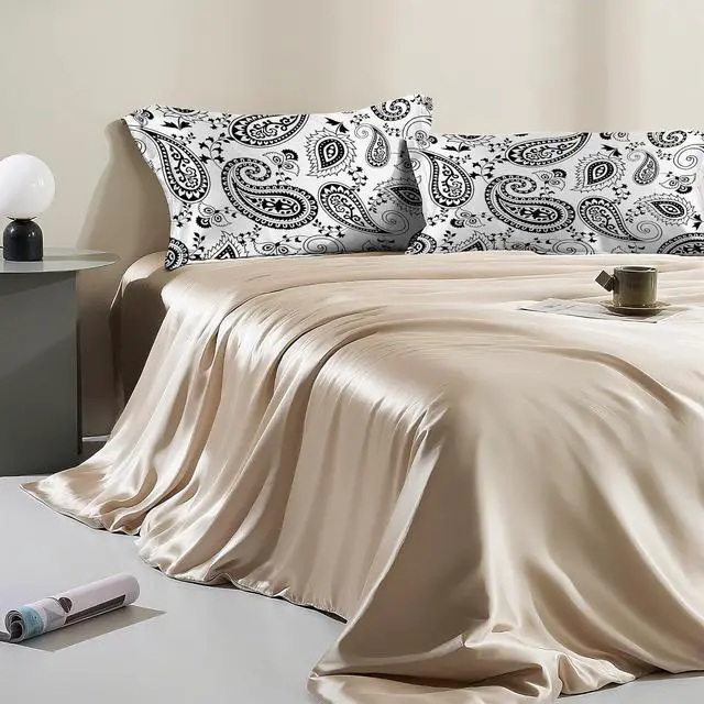Alt view image 6 of 7 - 1 Pack Satin Pillowcase for Hair and Skin Black and White Boho Flowers Imitation Silk Pillowcase 20" x 36" with Hidden Zipper Soft Smooth Cooling Pillow Cover King Size for Bedroom Sofa