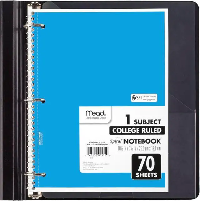 Alt view image 4 of 6 - Mead Spiral Notebook, 6 Pack, 1 Subject, College Ruled Paper, 7-1/2" x 10-1/2", 70 Sheets per Notebook, Assorted Bright Colors (830050-ECM)