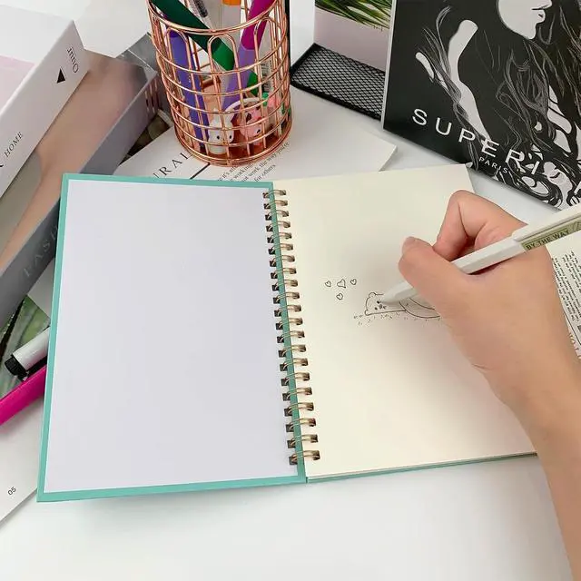 Alt view image 4 of 6 - DSTELIN Sketch Coil Notebook Set, 120 Pages (60 Sheets), 2-Pack with 1 Pink and 1 Green Hardcover, 1150GSM Cardstock, 7.5 x 5.1 Inches, 100GSM Paper