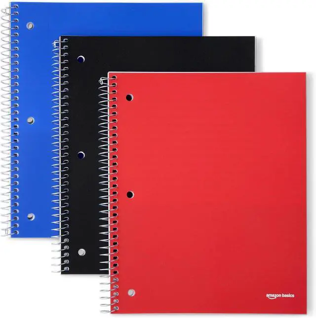 Main image of Amazon Basics Wide-Ruled Spiral Notebooks with Pocket Divider, 8" x 10.5", 100 Sheets, Perforated Pages, Assorted Primary Colors, 3-Pack
