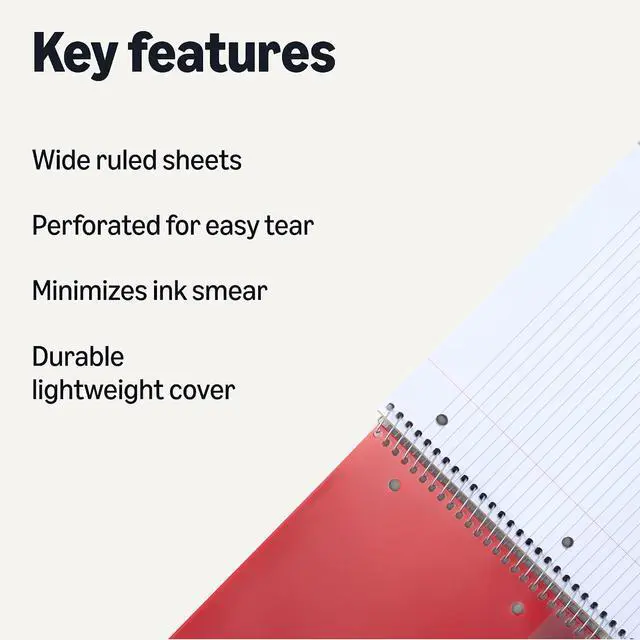 Alt view image 2 of 5 - Amazon Basics Wide-Ruled Spiral Notebooks with Pocket Divider, 8" x 10.5", 100 Sheets, Perforated Pages, Assorted Primary Colors, 3-Pack