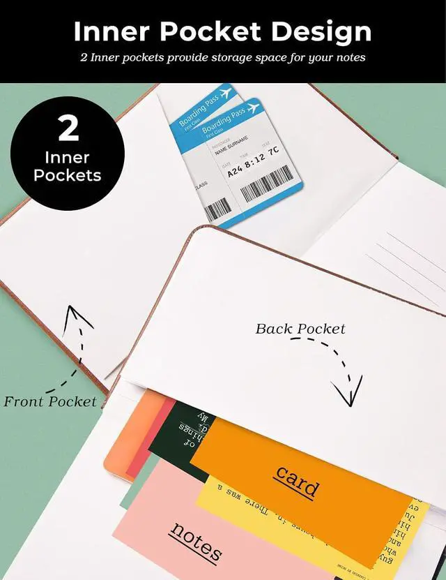 Alt view image 6 of 7 - AISBUGUR Pocket Notebook Small Notebook 2-Pack, 3.7" x 5.7" Pocket Notebooks Hardcover with Thick Lined Paper, Inner Pockets, Cover Letter Embossing Design Mini Journal Notepad Black+Brown