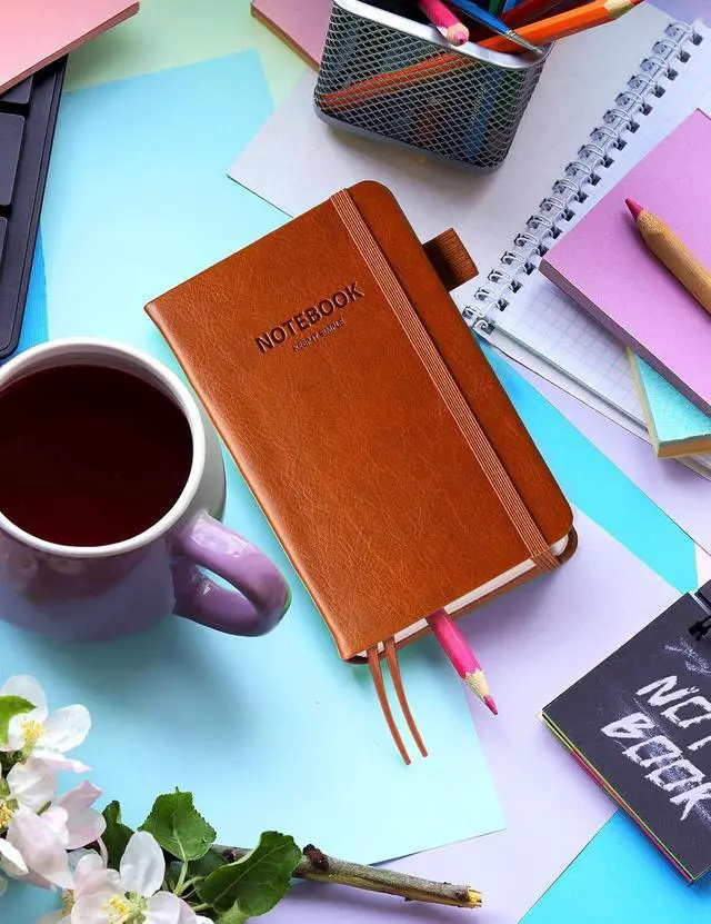 Alt view image 7 of 7 - AISBUGUR Pocket Notebook Small Notebook 2-Pack, 3.7" x 5.7" Pocket Notebooks Hardcover with Thick Lined Paper, Inner Pockets, Cover Letter Embossing Design Mini Journal Notepad Black+Brown