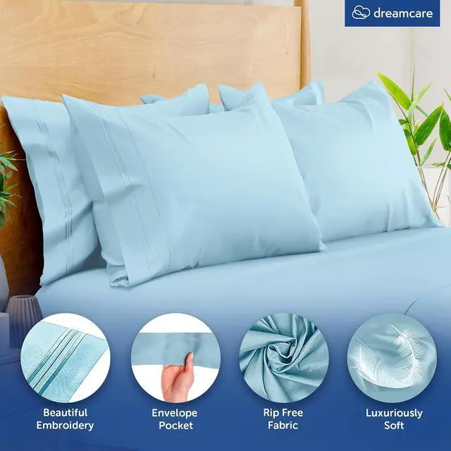 Alt view image 2 of 6 - Dreamcare King Pillow Cases Set of 2 - Double Brushed 1500 Luxury Series Microfiber - Envelope Closure, Wrinkle- Free, Cooling Pillow Cases - King Size Pillow Cases Set of 2 (20 x 40, Light Blue)