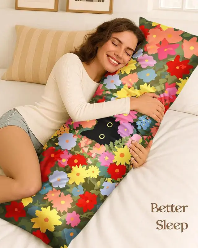 Alt view image 2 of 6 - Miss Adola Satin Body Pillow Cover with Zipper - 20x54 Inch Silky Long Pillow Case for Women Ladies Adults Soft Bed Decorative Cute Boho Large Body Pillowcase for Hair and Skin, Cat in Flower