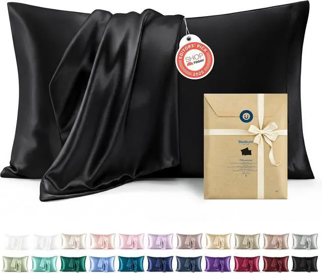 Main image of Bedsure Satin Pillowcases Queen Set of 2, Similar to Silk Pillow Case Black