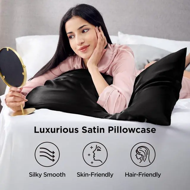 Alt view image 2 of 7 - Bedsure Satin Pillowcases Queen Set of 2, Similar to Silk Pillow Case Black