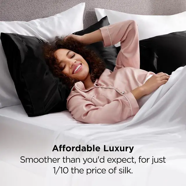 Alt view image 4 of 7 - Bedsure Satin Pillowcases Queen Set of 2, Similar to Silk Pillow Case Black