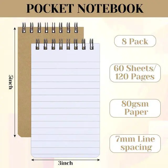 Alt view image 2 of 7 - Thboxes 8 Pack Pocket Notebook, 3x5 Small Spiral Notebooks with 60 Sheets/120 Lined Pages Small Notebook Spiral Notepads Mini Note Pads Notebooks for School Office (Brown)