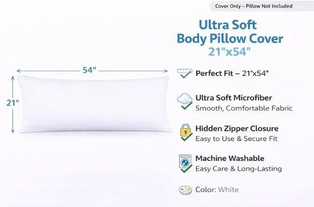 Alt view image 2 of 7 - EVOLIVE Body Pillow Cover 21"x54", Microfiber, Hidden Zipper (White)