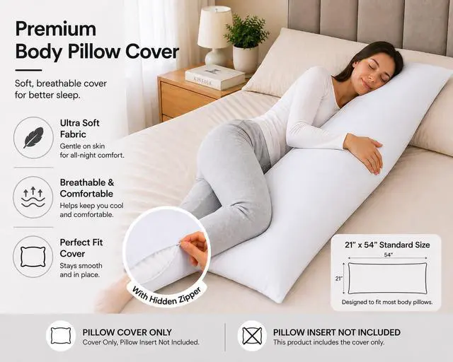 Alt view image 3 of 7 - EVOLIVE Body Pillow Cover 21"x54", Microfiber, Hidden Zipper (White)