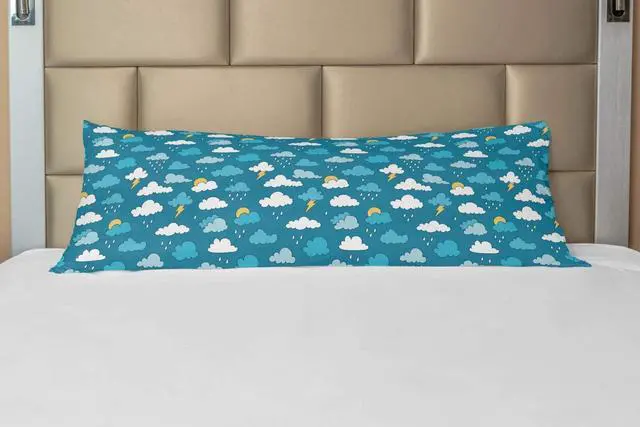 Main image of Ambesonne Cartoon Body Pillow Case Cover with Zipper, Raindrops Clouds with Sun Stormy Weather Thunder Lightning Sky Items, Decorative Accent Long Pillowcase, 21" x 54", White Blue