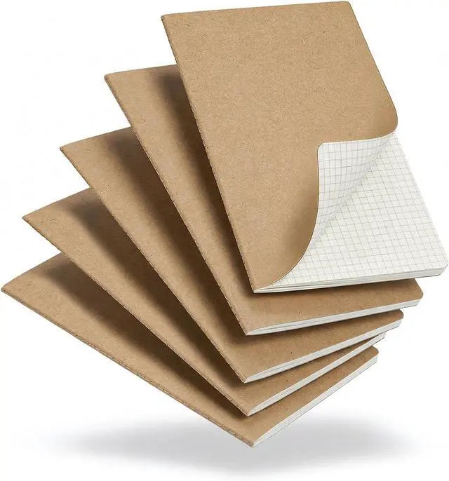 Main image of 5 Pack Kraft Notebooks Bulk A5, 60 Pages Grid Graph Paper Journals