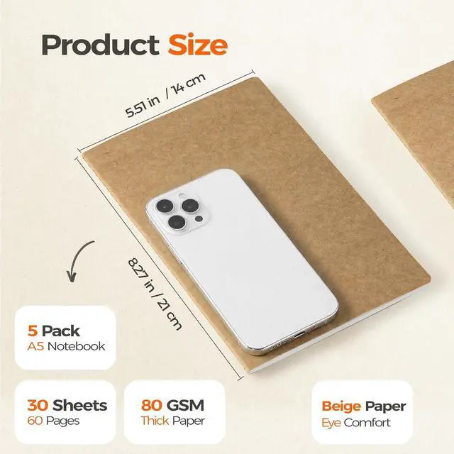 Alt view image 2 of 7 - 5 Pack Kraft Notebooks Bulk A5, 60 Pages Grid Graph Paper Journals