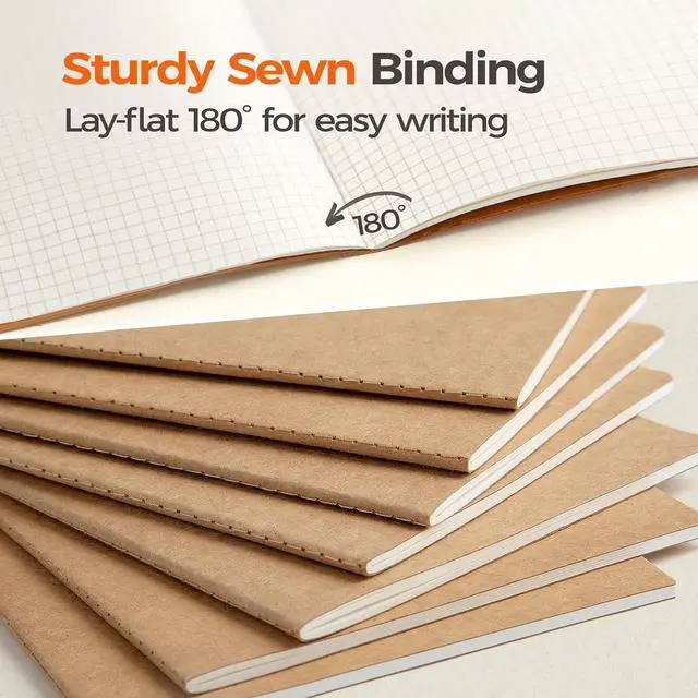 Alt view image 4 of 7 - 5 Pack Kraft Notebooks Bulk A5, 60 Pages Grid Graph Paper Journals
