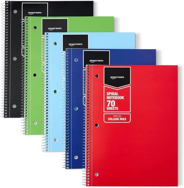 Main image of Amazon Basics College Ruled Spiral Notebook, For Work and School, 70 Sheets, 8" x 10.5", Assorted Solid Colors, 5 pack