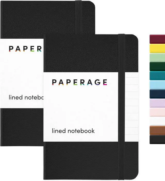 Main image of PAPERAGE Lined Pocket Journal Notebook, 2 Pack, (Black), 160 Pages, Small Notebook, 3.6 inches x 5.6 inches - 100 GSM Thick Paper, Hardcover