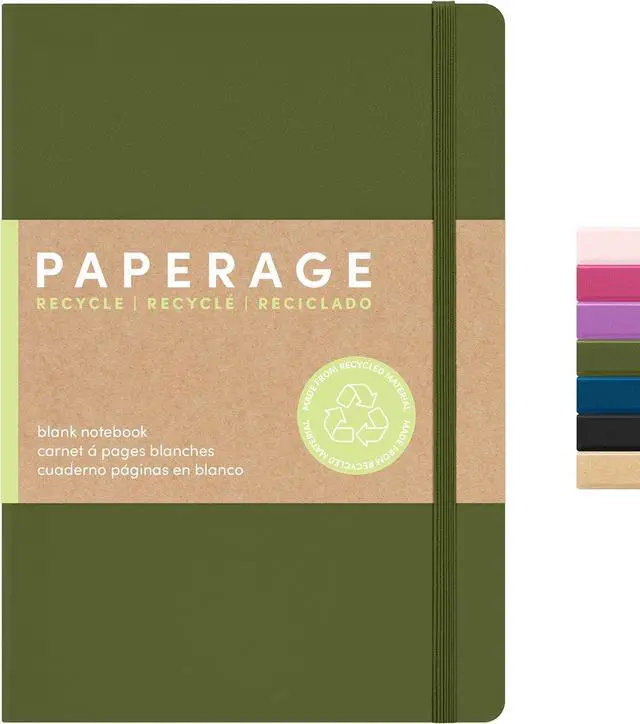 Main image of PAPERAGE Recycled Blank Journal Notebook, (Olive), 160 Pages, Medium 5.6 in x 8 in - 100 GSM Thick Paper Hardcover Journaling Notebook for Work, School, Note Taking or Sketching