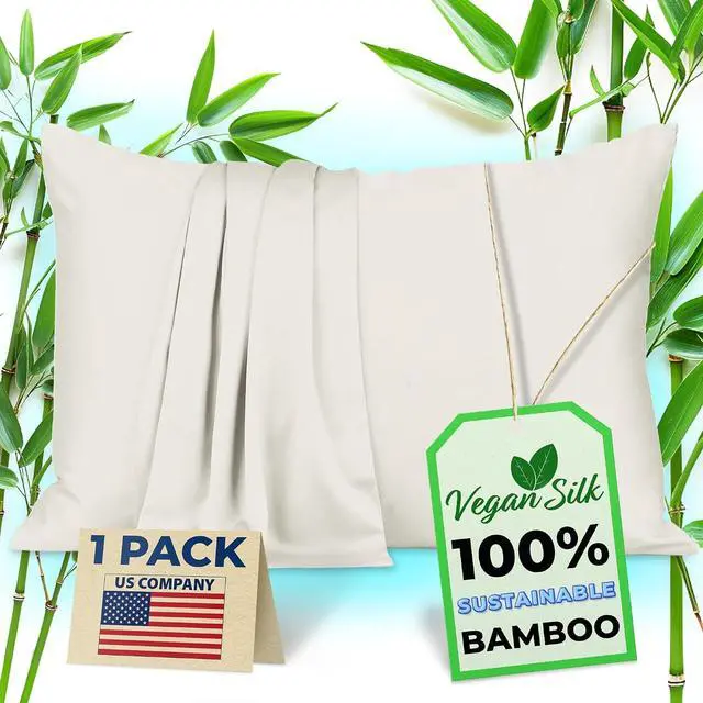 Main image of Anti Acne Pillowcase - Standard Size 20"x26" with Zipper, Premium 75% Viscose Derived from Bamboo, 25% Modal Blend, Beige, 1 Piece - Cooling Silky Satin Pillow Case - Oeko-TEX Certified