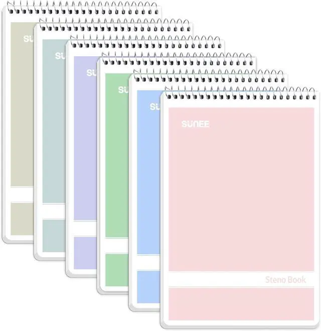 Main image of SUNEE Steno Pads 6x9 6 Pack, Gregg Rule, 60 Sheets, 6 Assorted Color Spiral Notebook 6x9, White Paper, Take Notes with Top Spiral Notebook, for School, University, College, Work, Office