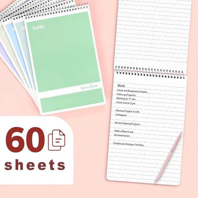 Alt view image 3 of 7 - SUNEE Steno Pads 6x9 6 Pack, Gregg Rule, 60 Sheets, 6 Assorted Color Spiral Notebook 6x9, White Paper, Take Notes with Top Spiral Notebook, for School, University, College, Work, Office