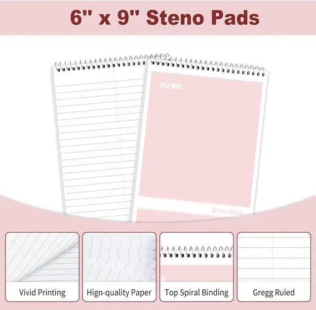 Alt view image 5 of 7 - SUNEE Steno Pads 6x9 6 Pack, Gregg Rule, 60 Sheets, 6 Assorted Color Spiral Notebook 6x9, White Paper, Take Notes with Top Spiral Notebook, for School, University, College, Work, Office