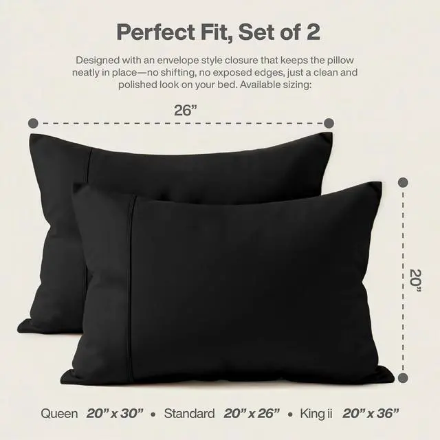 Alt view image 2 of 7 - QUEENSBAY Standard Pillow Cases Set of 2, Microfiber Cooling Pillowcases, Soft Breathable Envelope Closure Pillow Covers, Wrinkle Free Easy Care Bed Pillowcases, Size 20x26 Inches, Cooling Black