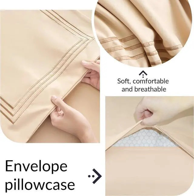 Alt view image 3 of 6 - Queen Pillow Cases Set of 2 - Grey Striped Print Microfiber Pillowcases Super Soft and Cozy Cooling Pillow Case with Envelop Closure, 20x30 (Milk Tea, Queen)