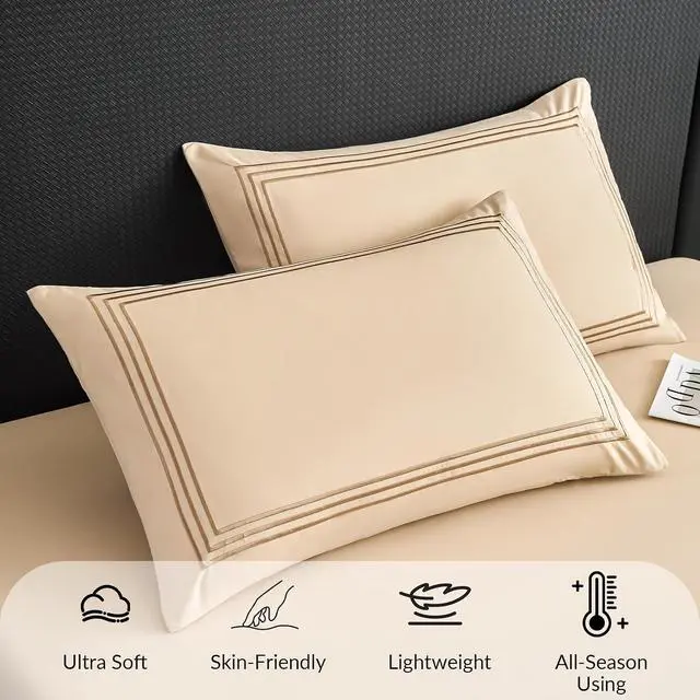 Alt view image 4 of 6 - Queen Pillow Cases Set of 2 - Grey Striped Print Microfiber Pillowcases Super Soft and Cozy Cooling Pillow Case with Envelop Closure, 20x30 (Milk Tea, Queen)