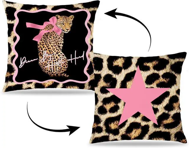 Main image of Coquette Preppy Pink Bow Leopard Star Pillow Covers 18x18Double-Sided, Leopard Cheetah Print Room Decor, Funky Y2K Cheetah Aesthetic Decorative Throw Pillow Covers for Home Dorm Apartment
