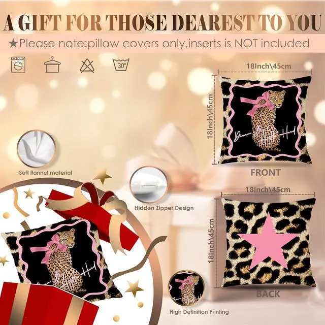 Alt view image 2 of 6 - Coquette Preppy Pink Bow Leopard Star Pillow Covers 18x18Double-Sided, Leopard Cheetah Print Room Decor, Funky Y2K Cheetah Aesthetic Decorative Throw Pillow Covers for Home Dorm Apartment