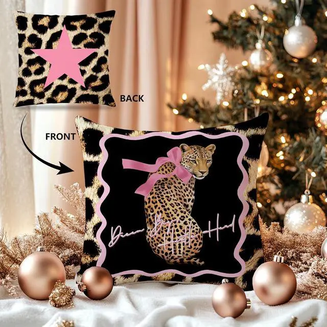 Alt view image 3 of 6 - Coquette Preppy Pink Bow Leopard Star Pillow Covers 18x18Double-Sided, Leopard Cheetah Print Room Decor, Funky Y2K Cheetah Aesthetic Decorative Throw Pillow Covers for Home Dorm Apartment