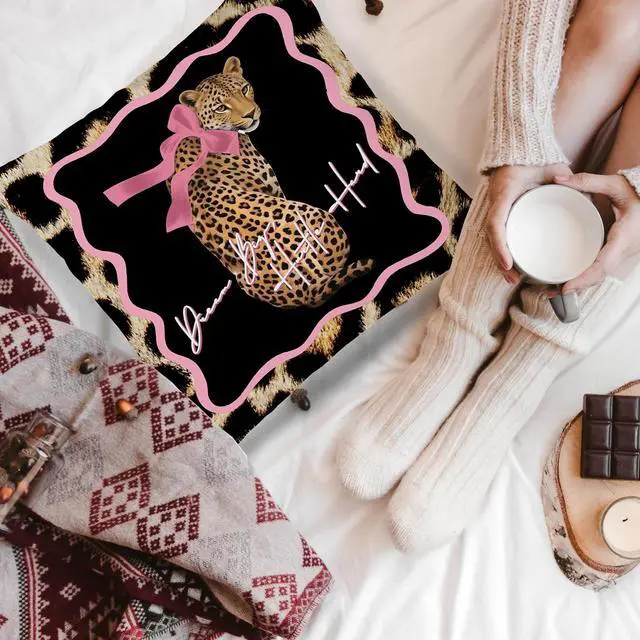 Alt view image 5 of 6 - Coquette Preppy Pink Bow Leopard Star Pillow Covers 18x18Double-Sided, Leopard Cheetah Print Room Decor, Funky Y2K Cheetah Aesthetic Decorative Throw Pillow Covers for Home Dorm Apartment