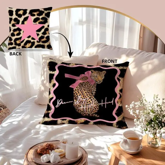 Alt view image 6 of 6 - Coquette Preppy Pink Bow Leopard Star Pillow Covers 18x18Double-Sided, Leopard Cheetah Print Room Decor, Funky Y2K Cheetah Aesthetic Decorative Throw Pillow Covers for Home Dorm Apartment