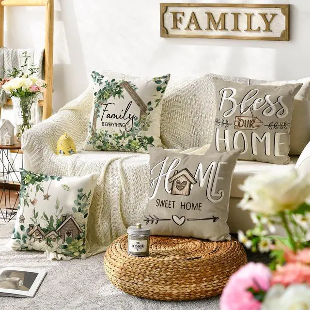 Alt view image 2 of 7 - AVOIN colorlife Spring Floral Eucalyptus Pillow Covers 18x18 Inch Set of 4