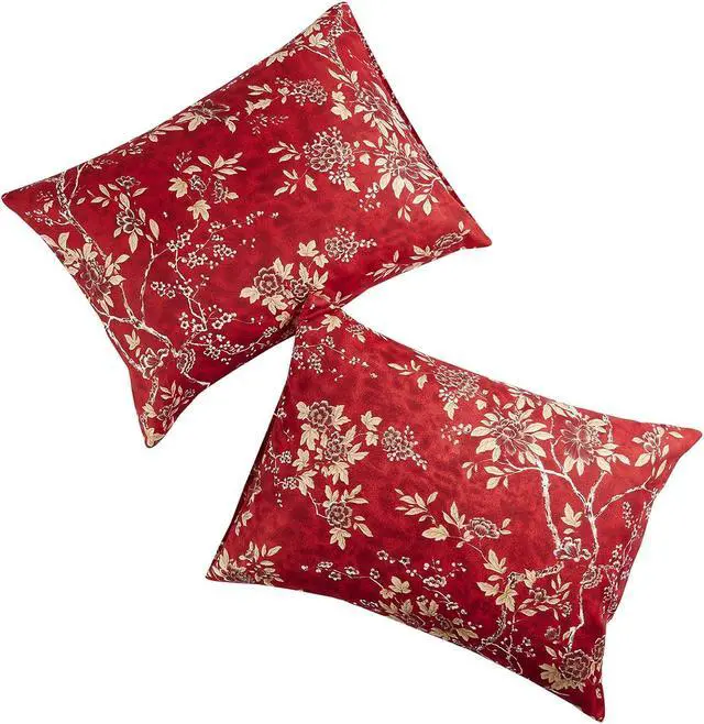 Alt view image 2 of 6 - Wake In Cloud - Floral Pillow Cases, Vintage Flowers Toile Coquette Pattern Printed, Set of 2 Soft Pillowcases Pillow Shams Covers, Red, King Size 20x36 Inches