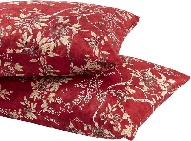 Alt view image 3 of 6 - Wake In Cloud - Floral Pillow Cases, Vintage Flowers Toile Coquette Pattern Printed, Set of 2 Soft Pillowcases Pillow Shams Covers, Red, King Size 20x36 Inches