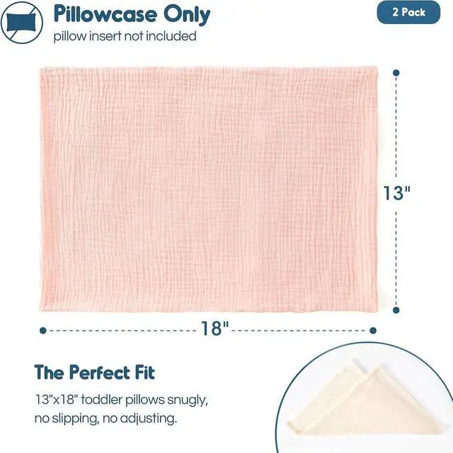 Alt view image 2 of 7 - GRSSDER 2 Pack Muslin Toddler Pillowcases Fit for 13 x 18 Pillows, Soft and Breathable Cotton Toddler Pillow Case Cover with Envelope Closure, Multiple Cute Colors for Boys and Girls