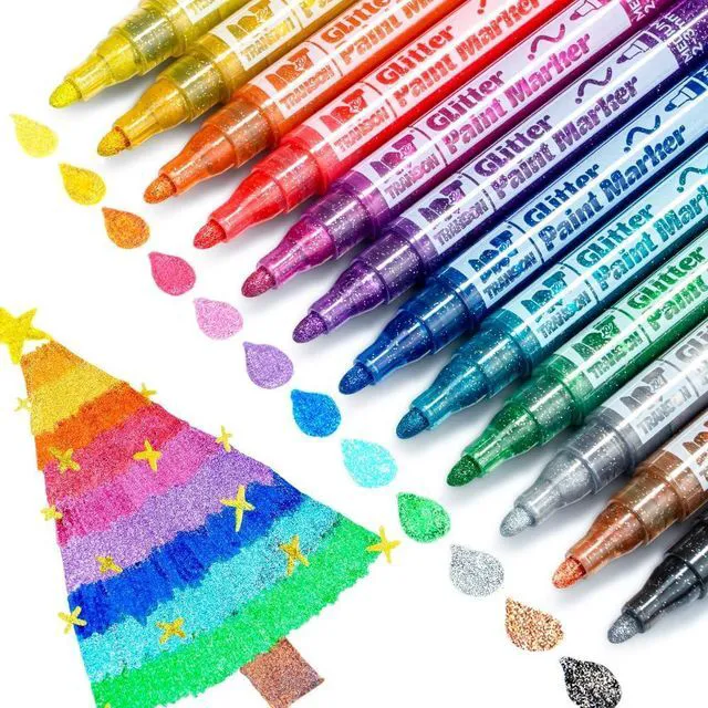 Main image of TRANSON Medium Tip Glitter Paint Markers 12 Colors for DIY Coloring with Sparkling Effects