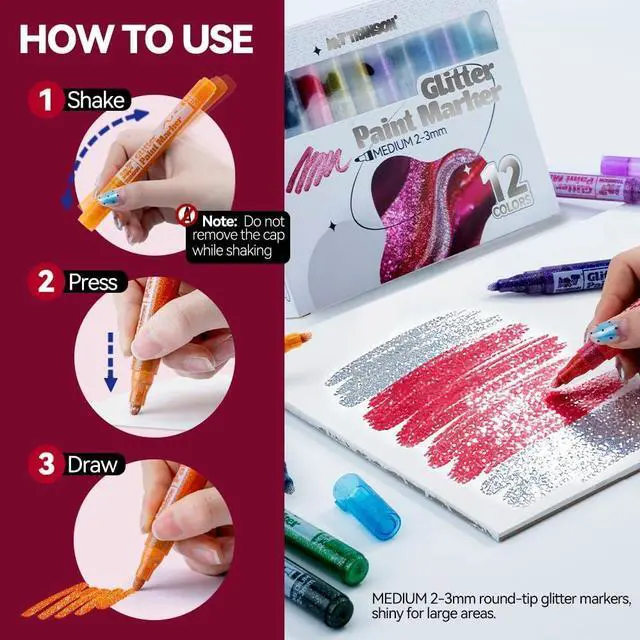 Alt view image 4 of 7 - TRANSON Medium Tip Glitter Paint Markers 12 Colors for DIY Coloring with Sparkling Effects