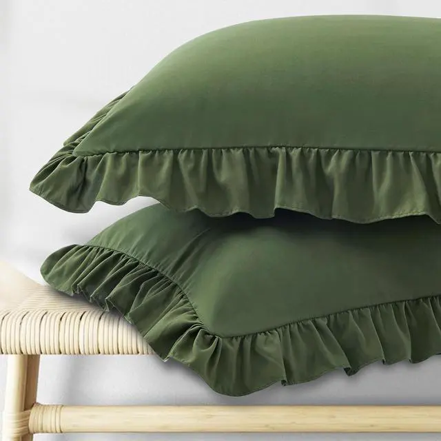 Main image of KKJIAF Ruffle Pillow Cases Standard Size Set of 2, Olive Green