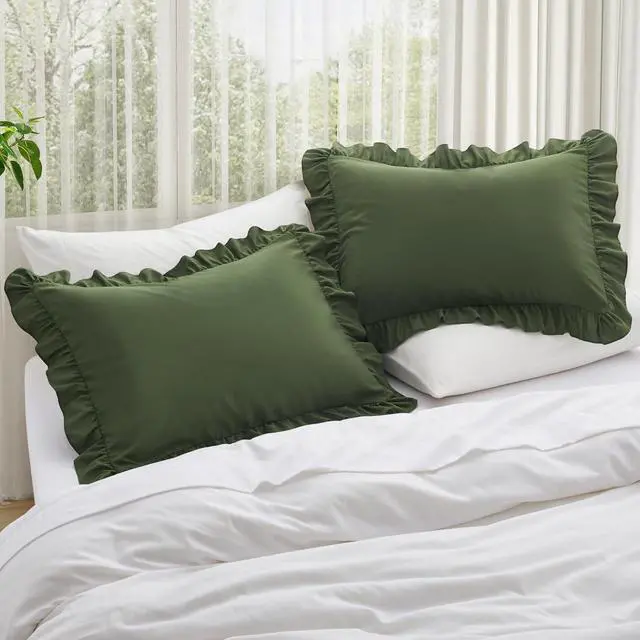 Alt view image 2 of 7 - KKJIAF Ruffle Pillow Cases Standard Size Set of 2, Olive Green
