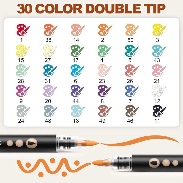 Alt view image 3 of 7 - SUNEE 30 Colors Acrylic Paint Markers, Dual Tip Bullet & Brush Paint Pens with Automatic Ink Control System, Art Supplies for Adults & Teens, for Rock, Wood, Canvas, Glass Creative Projects