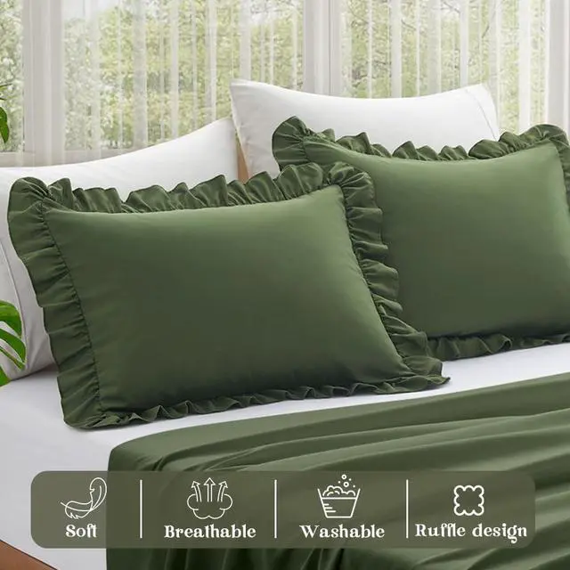 Alt view image 4 of 7 - KKJIAF Ruffle Pillow Cases Standard Size Set of 2, Olive Green