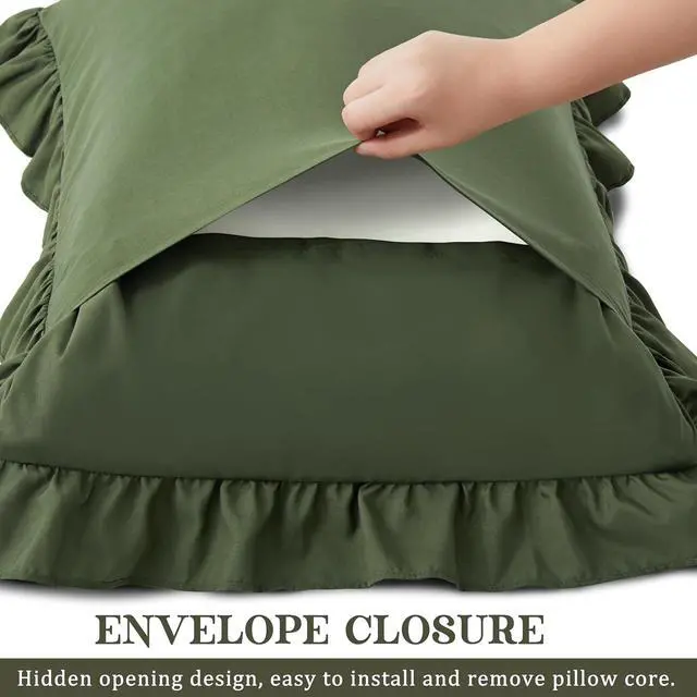Alt view image 5 of 7 - KKJIAF Ruffle Pillow Cases Standard Size Set of 2, Olive Green