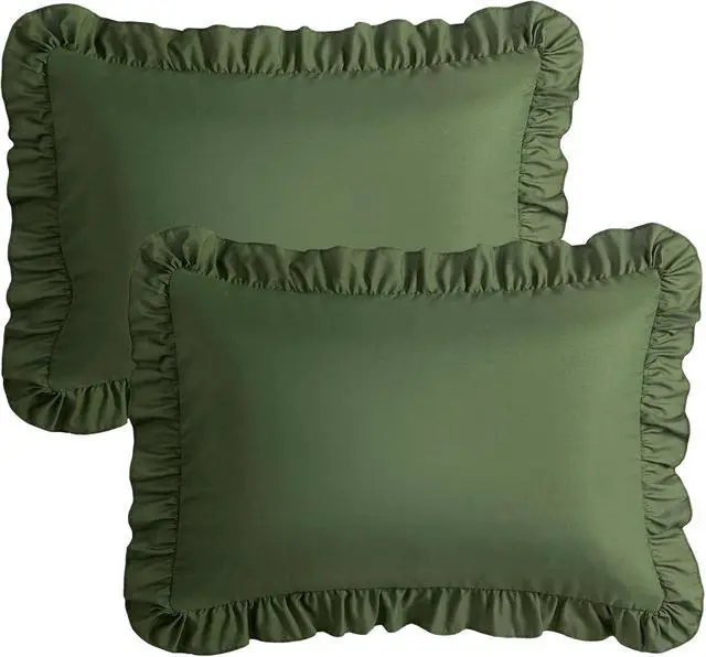 Alt view image 7 of 7 - KKJIAF Ruffle Pillow Cases Standard Size Set of 2, Olive Green