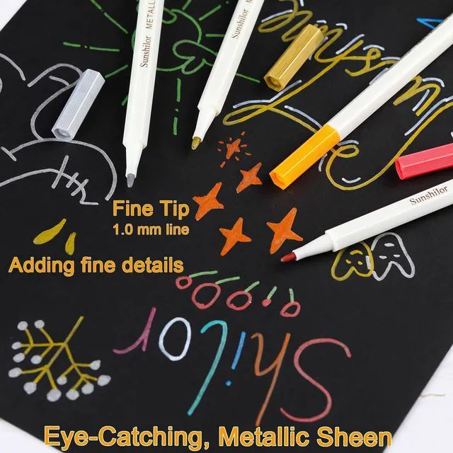 Alt view image 2 of 7 - Sunshilor Metallic Markers Fine Point Metallic Marker Pens for Black Paper, Rock Painting, Easter Egg, Halloween Pumpkin, Card Making, Metal, Ceramic, Wine Glass, Set of 12