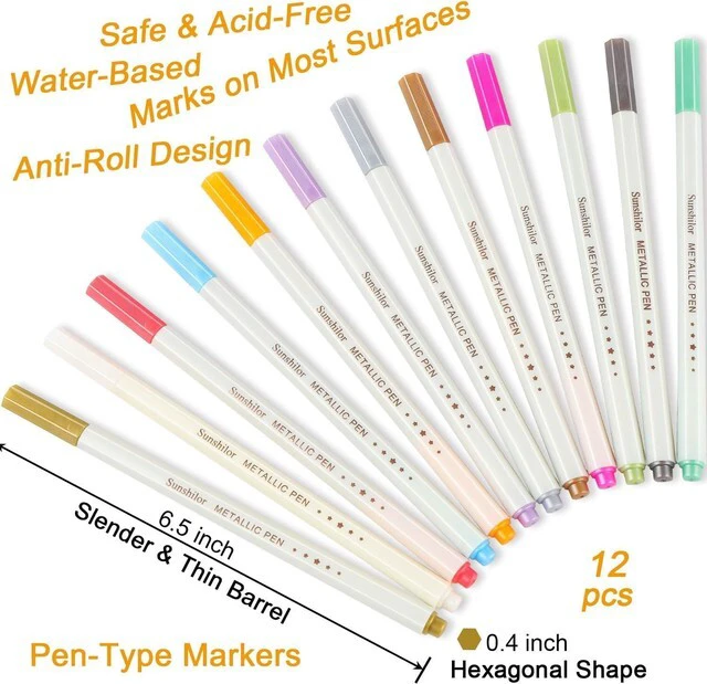 Alt view image 3 of 7 - Sunshilor Metallic Markers Fine Point Metallic Marker Pens for Black Paper, Rock Painting, Easter Egg, Halloween Pumpkin, Card Making, Metal, Ceramic, Wine Glass, Set of 12