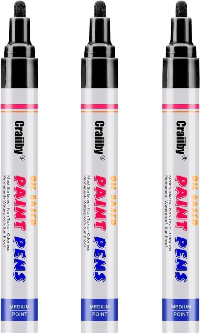 Main image of Black Paint Markers, 3 Pack Oil-Based Waterproof Quick Dry Permanent Paint Pen Set for Rocks Painting, Wood, Fabric, Plastic, Canvas, Glass, Mugs, Metal, Tire, Stone, DIY Craft