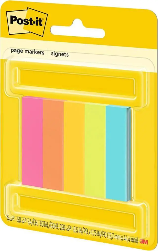 Alt view image 3 of 7 - Post-it Page Markers, Assorted Colors, 1/2 in x 2 in, 50 Sheets/Pad, 5 Pads/Pack (670-5AF)